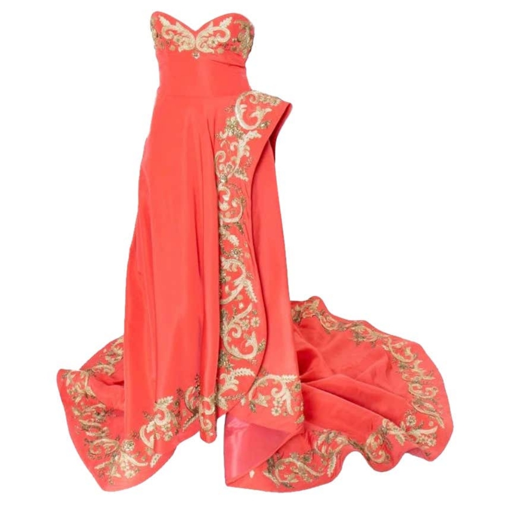 $16,000 OSCAR DE LA RENTA GOLD BEAD EMBROID ORANGE SILK RUNWAY DRESS GOWN US 2